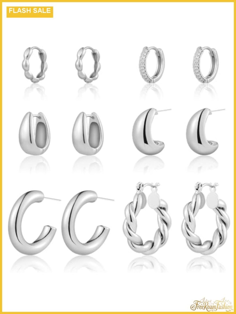 14K Gold Plated Chunky Huggie Hoop Earrings Set for Women, 6 Pairs Lightweight